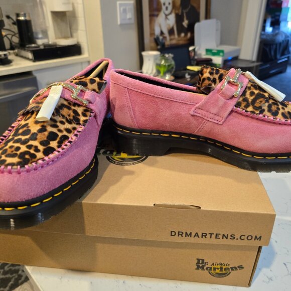 Dr Martens Adrian Flambant Pink + Leopard Hair On Suede Loafers Size 12 US NEW - Picture 3 of 16